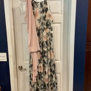 WORN ONCE. Pink & Gray Maxi Dress w/Jeweled Belt and Wrap